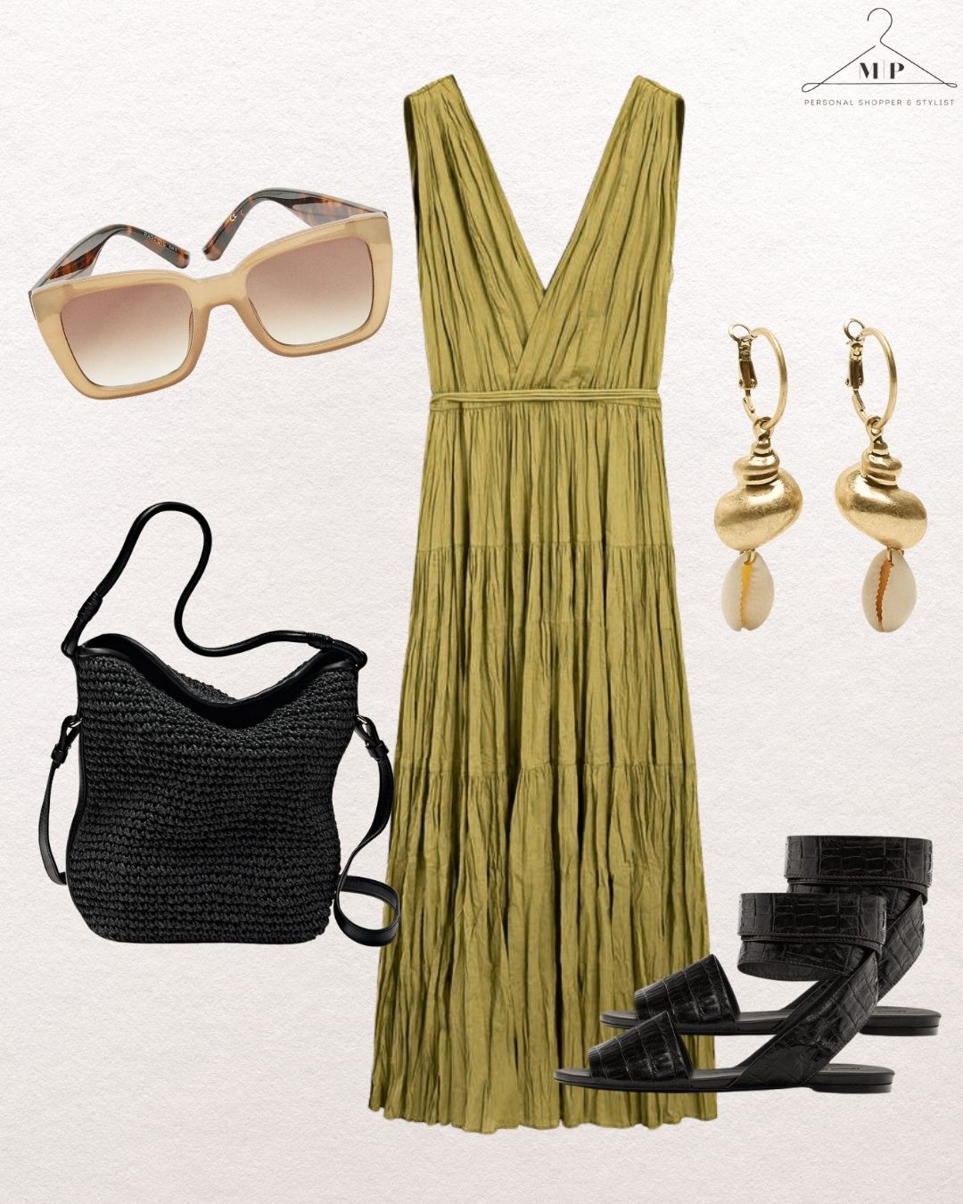 Olive green pleated maxi dress with cream tortoiseshell sunglasses, black woven shoulder bag, gold shell drop earrings and black croc-effect flat sandals