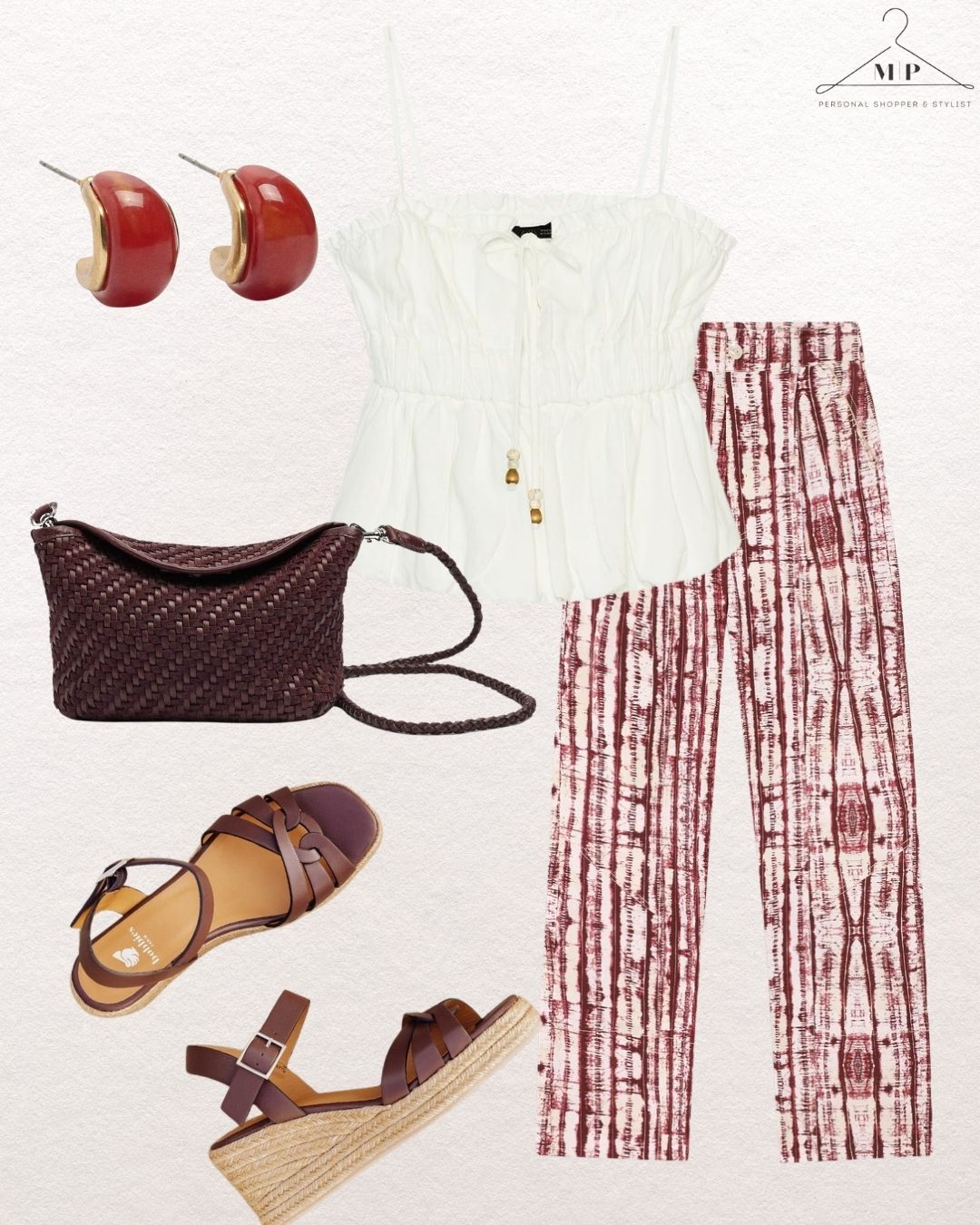 Cream ruffled camisole with burgundy tie-dye wide-leg trousers, red resin hoop earrings, woven brown shoulder bag and tan leather sandals