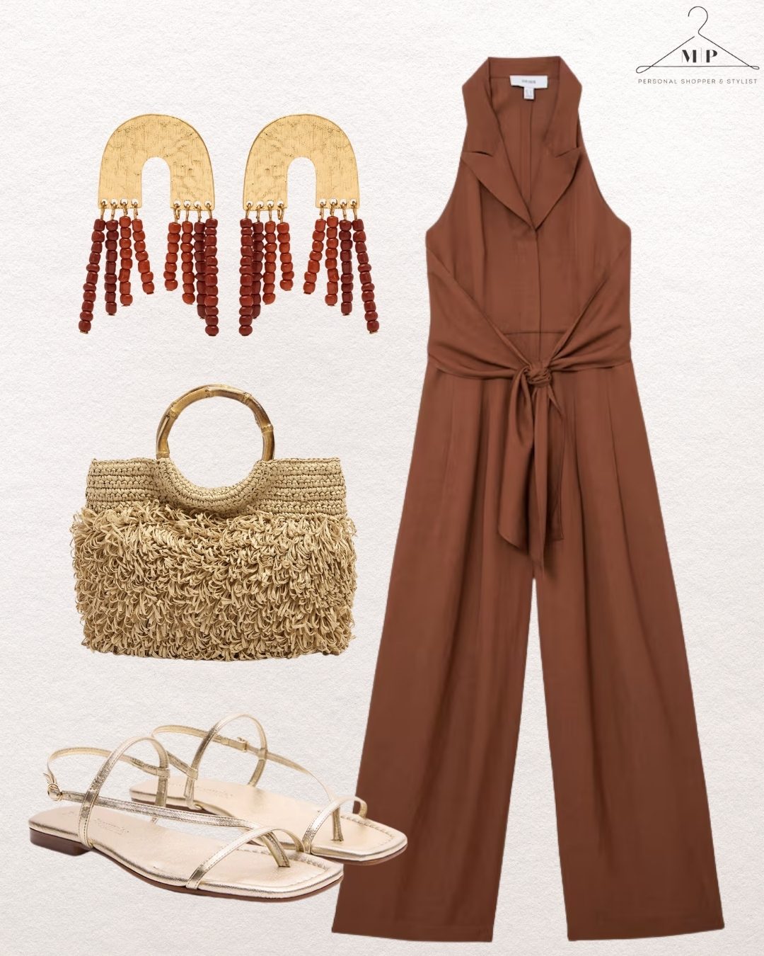 Rust brown sleeveless wide-leg jumpsuit with a tie waist, gold arch drop earrings, shaggy raffia top-handle bag and gold strappy sandals