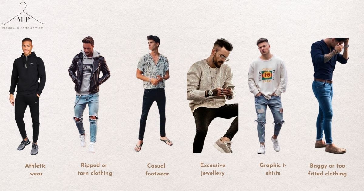 Men's weekend styling mistakes, labelled: ripped clothing, casual footwear with flip-flops, excessive jewellery and logo graphic shirts