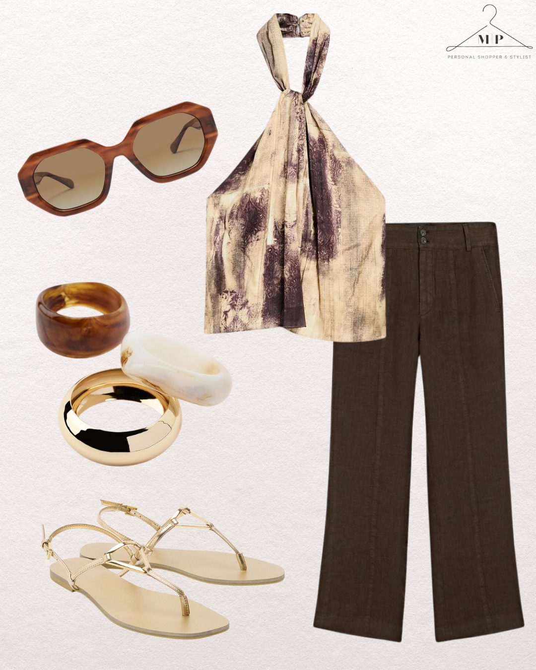 Chic fashion ensemble with halter top, dark trousers, gold sandals, sunglasses, and bangles. Neutral tones on a textured background.