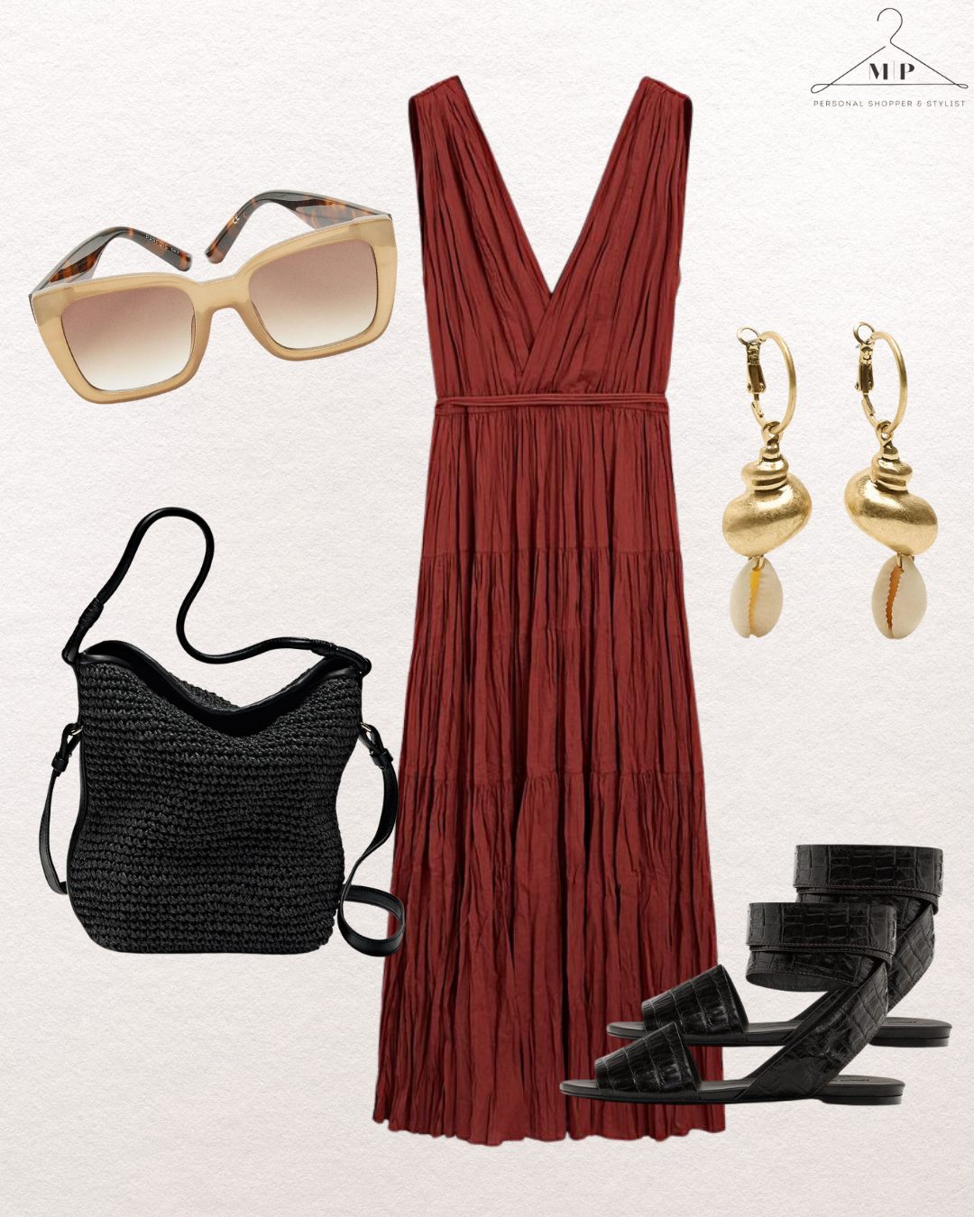Red dress with pleats, gold shell earrings, beige sunglasses, and black woven sandals and bag on a white background. Logo in corner.