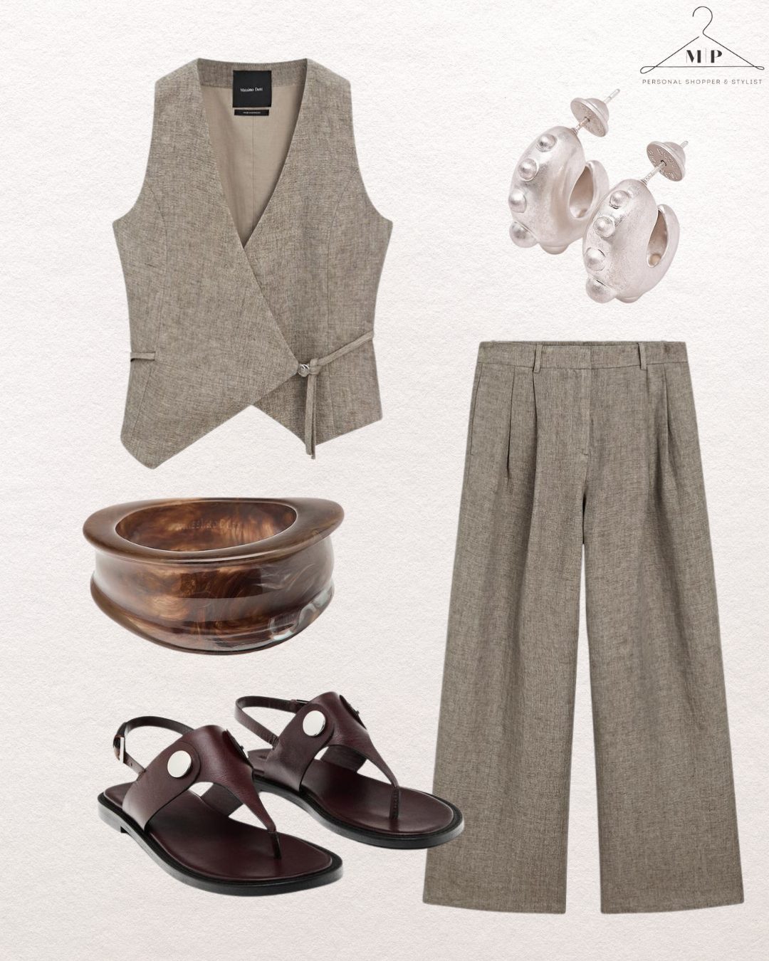 Grey vest and trousers on white background, paired with chunky earrings, a wooden bangle, and brown sandals. Minimalist, chic style.