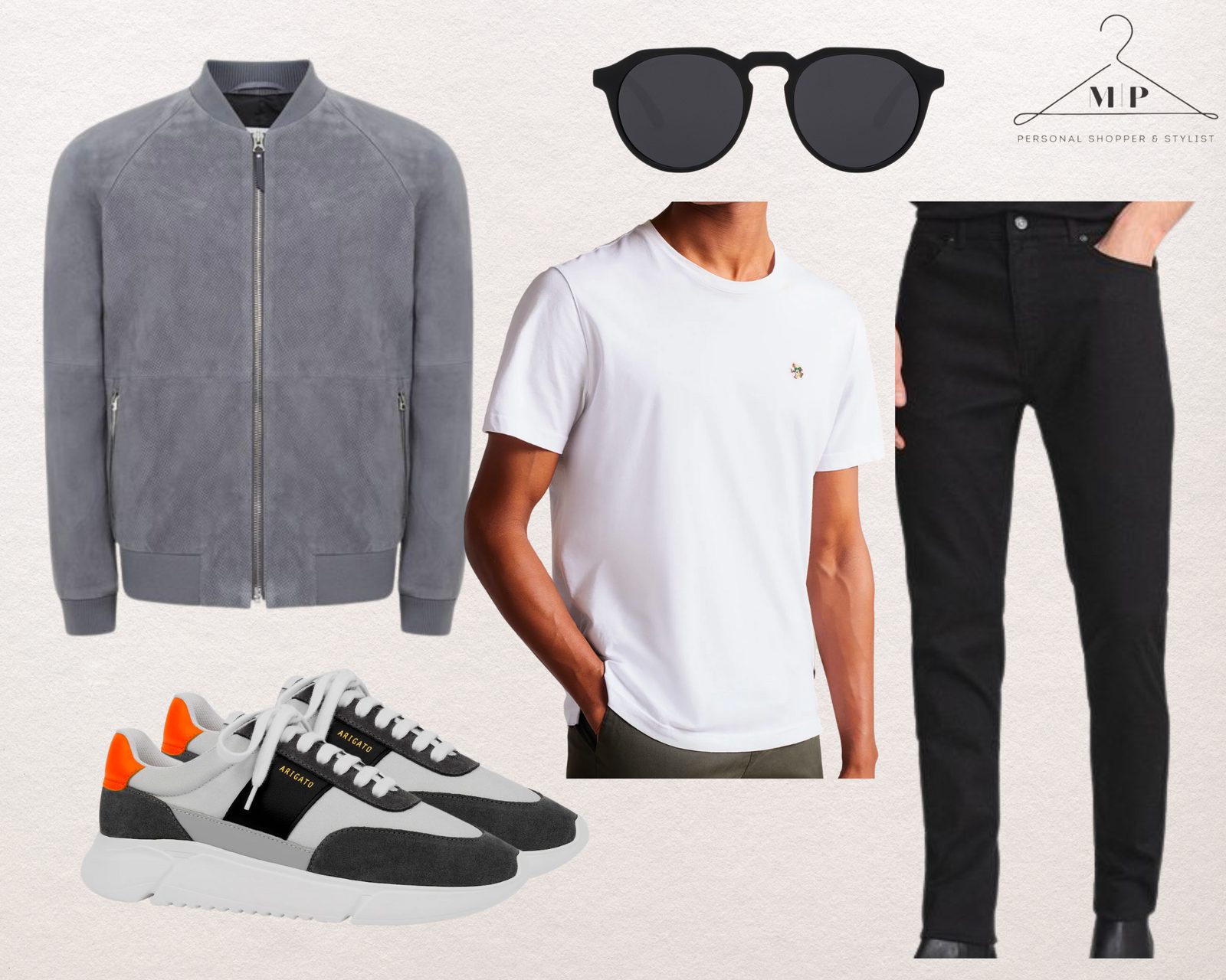 Men's outfit: a grey suede bomber jacket with a white T-shirt, black jeans, round black sunglasses and grey and orange trainers
