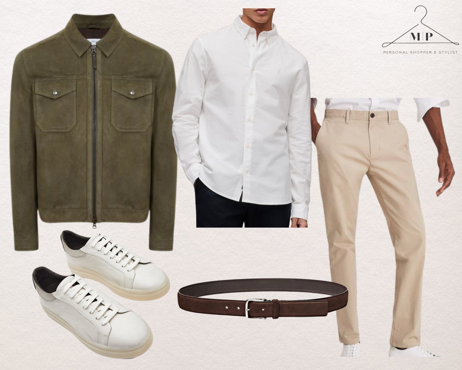 Men's outfit: an olive suede overshirt with a white oxford shirt, beige chinos, a brown leather belt and white leather trainers