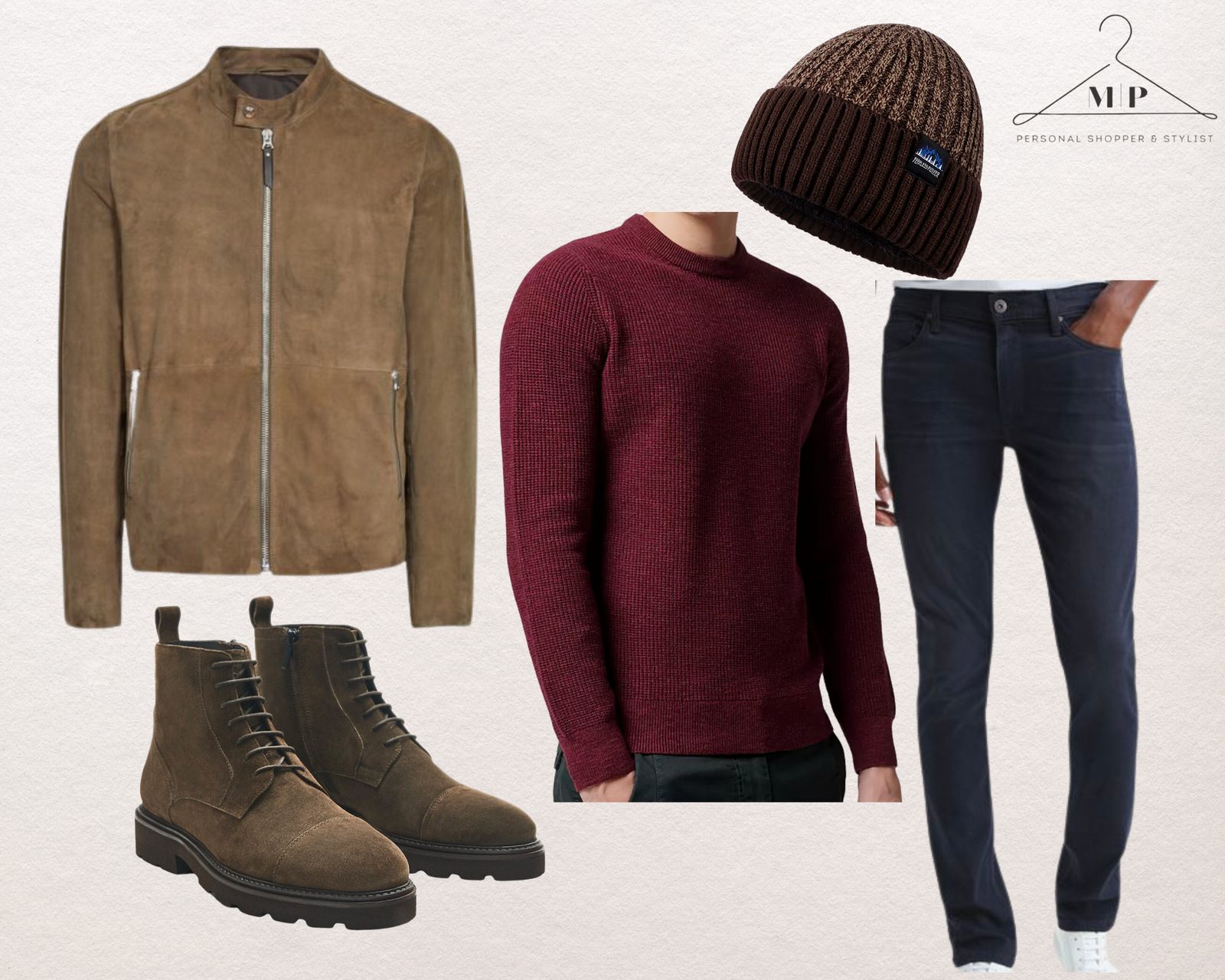Men's outfit: a tan suede jacket with a burgundy waffle-knit jumper, dark jeans, a brown ribbed beanie and olive suede lace-up boots