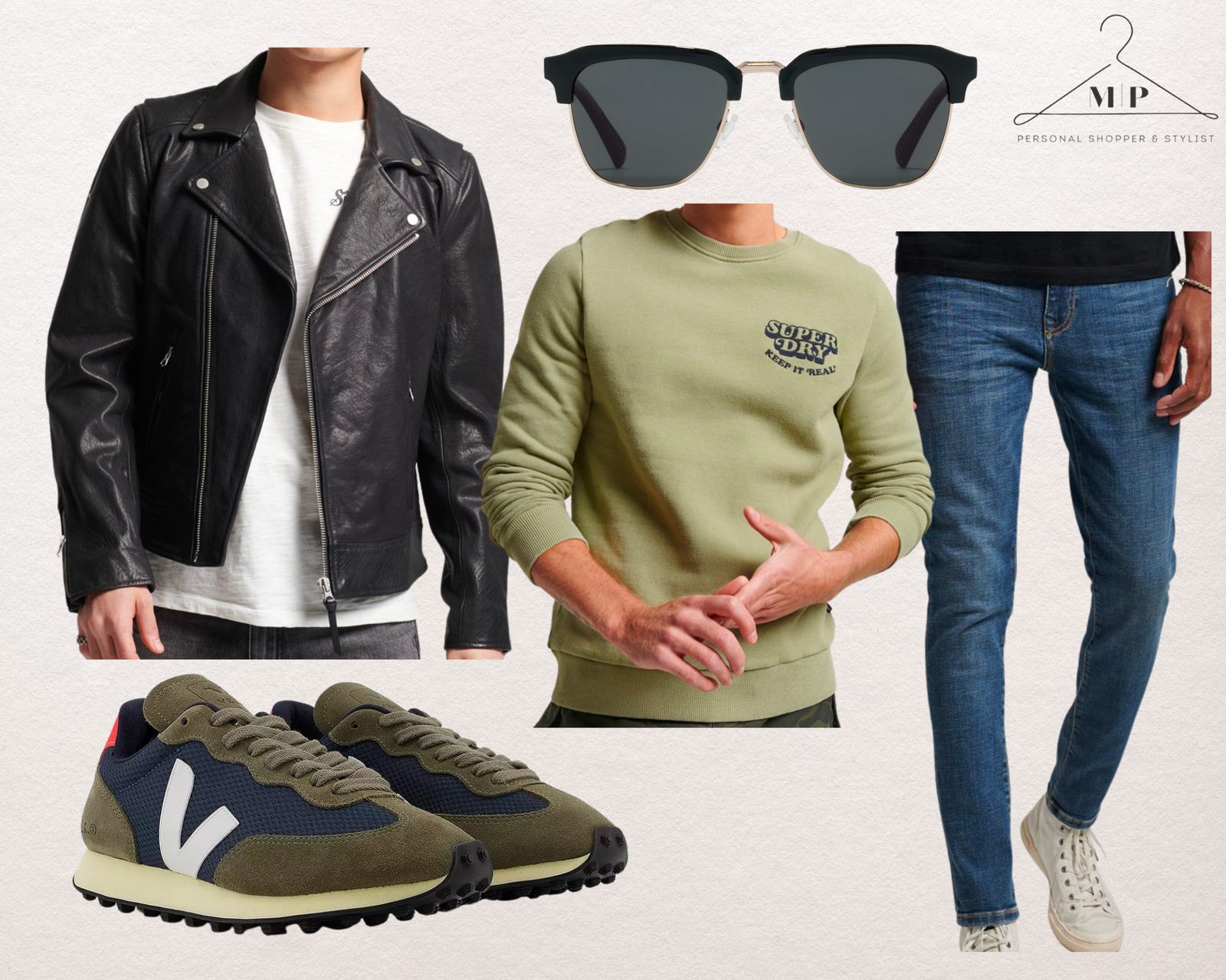 Men's outfit: a black leather biker jacket with a sage green sweatshirt, blue jeans, browline sunglasses and olive and navy suede trainers