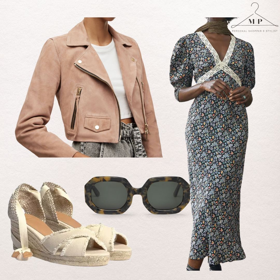 Blush pink suede biker jacket with a navy ditsy floral maxi dress, tortoiseshell sunglasses and cream espadrille wedge sandals