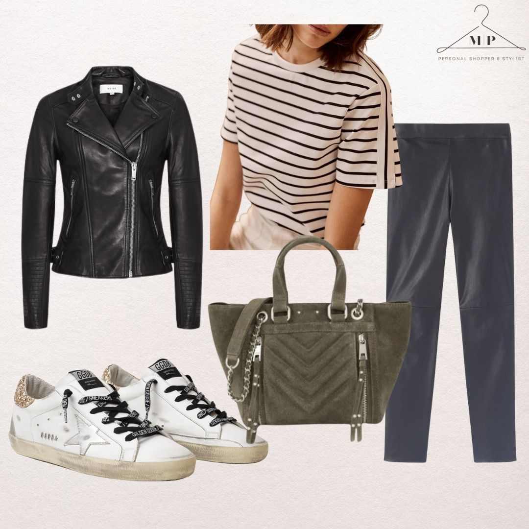 Black leather biker jacket with a cream and navy striped T-shirt, navy leather leggings, an olive suede tote and glitter-heel white trainers