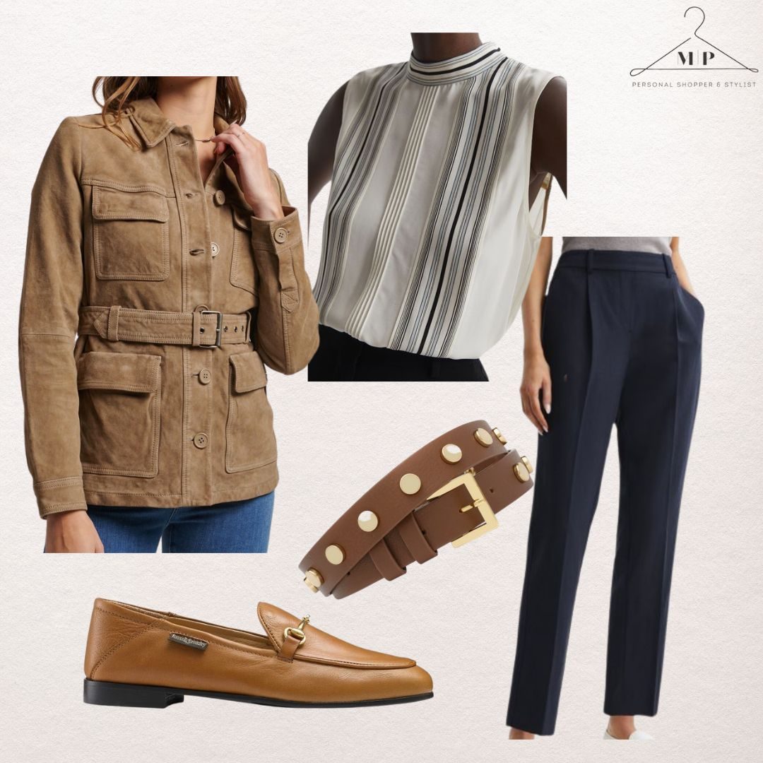 Tan suede belted utility jacket with a striped sleeveless top, navy tapered trousers, a studded tan belt and tan leather loafers
