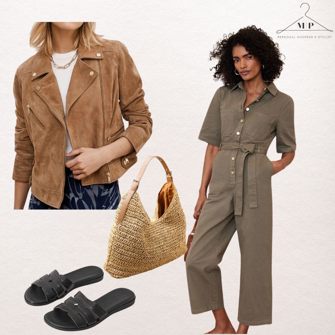 Tan suede biker jacket with a khaki utility jumpsuit, a large straw shoulder bag and black woven leather slides
