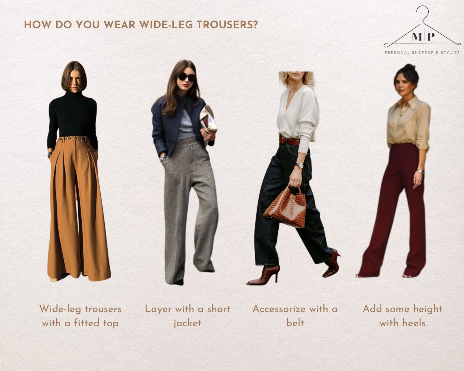 Four ways to wear wide-leg trousers: with a fitted polo neck, layered under a short jacket, accessorised with a belt, and worn with heels