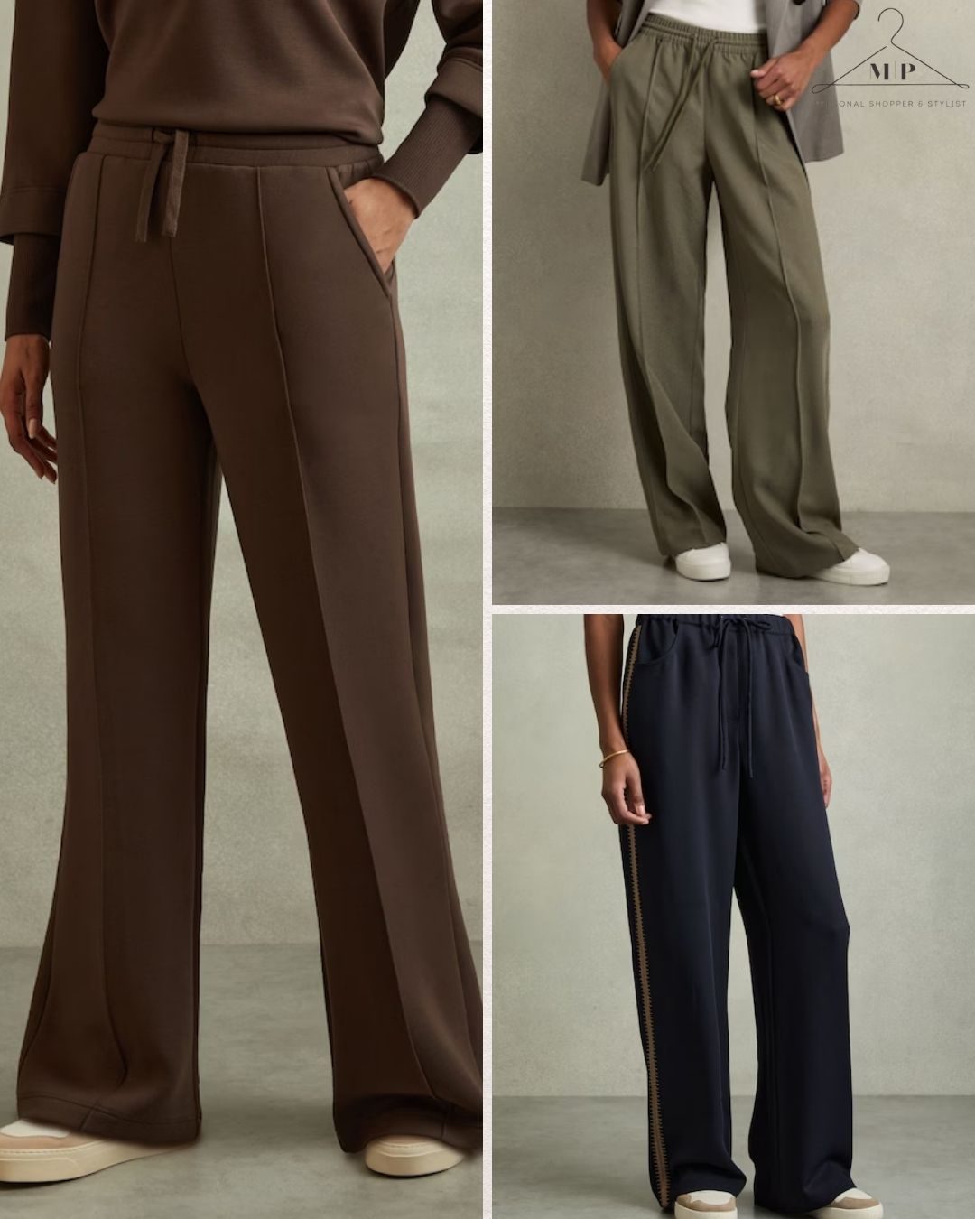 Three sets of wide-leg pants in brown, olive, and navy. Each is paired with casual tops and sneakers against a simple beige background.