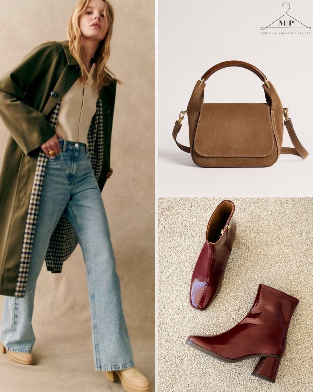 Woman in olive coat and jeans on beige background, brown handbag, and burgundy ankle boots on carpet. Text: "Personal Shopper & Stylist".