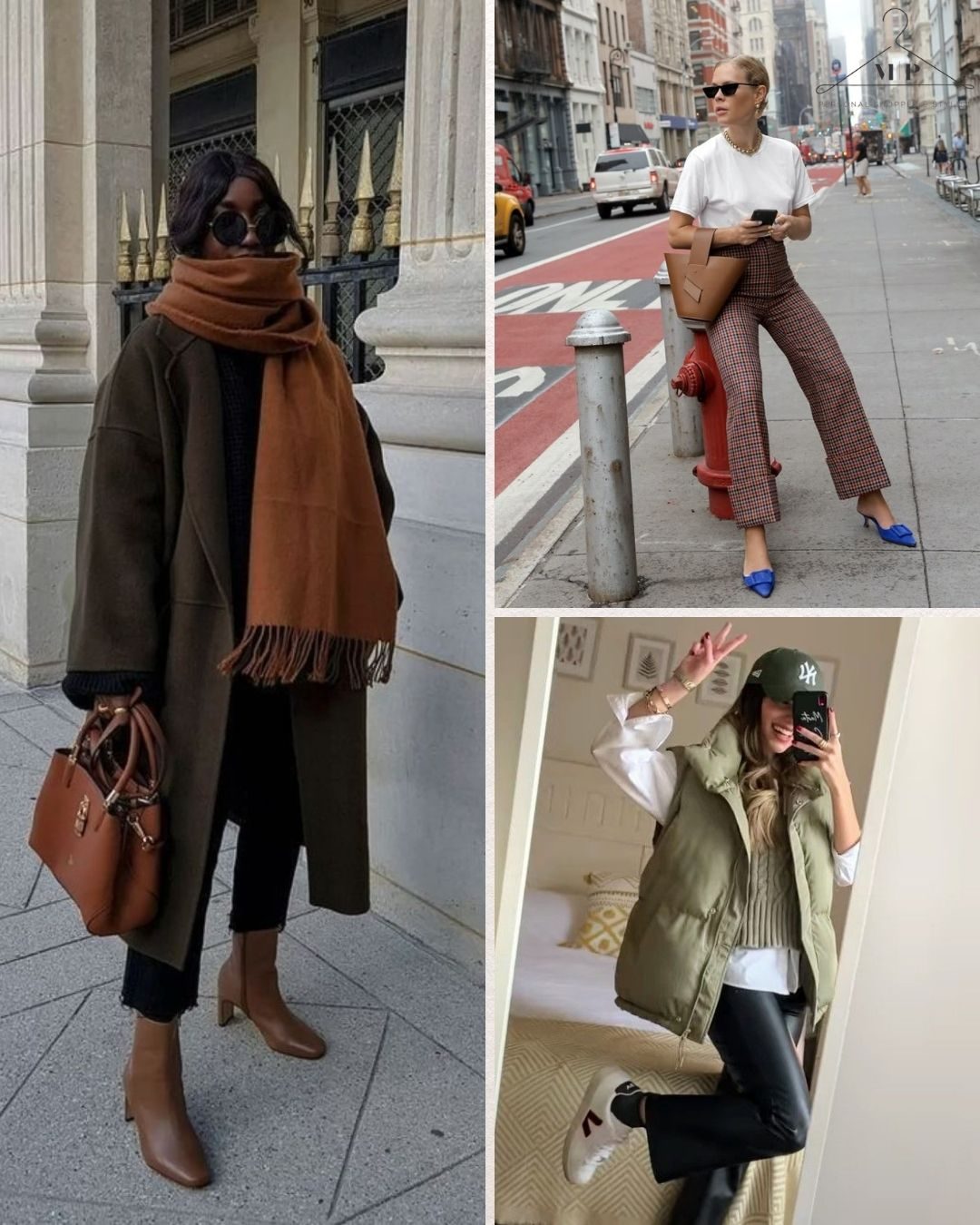 Three stylish women in different settings: one in a scarf and coat, another on a city street in fashionables shoes, and a mirror selfie with a peace sign.