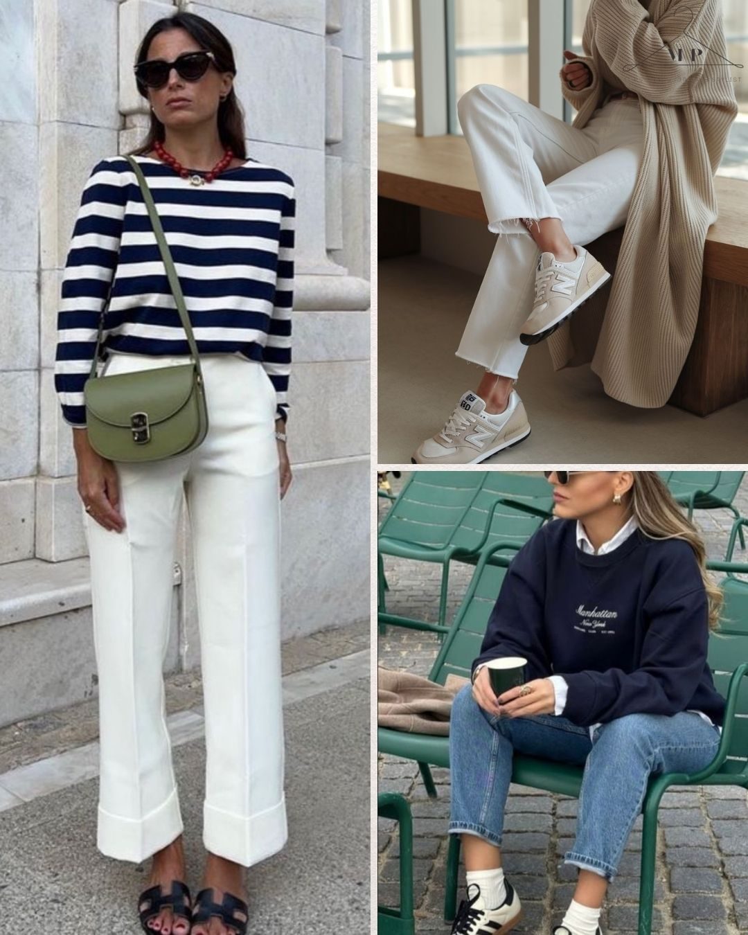 Three women in stylish outfits: striped top with white pants, sneakers with beige cardigan, and navy sweatshirt with jeans sitting outdoors.