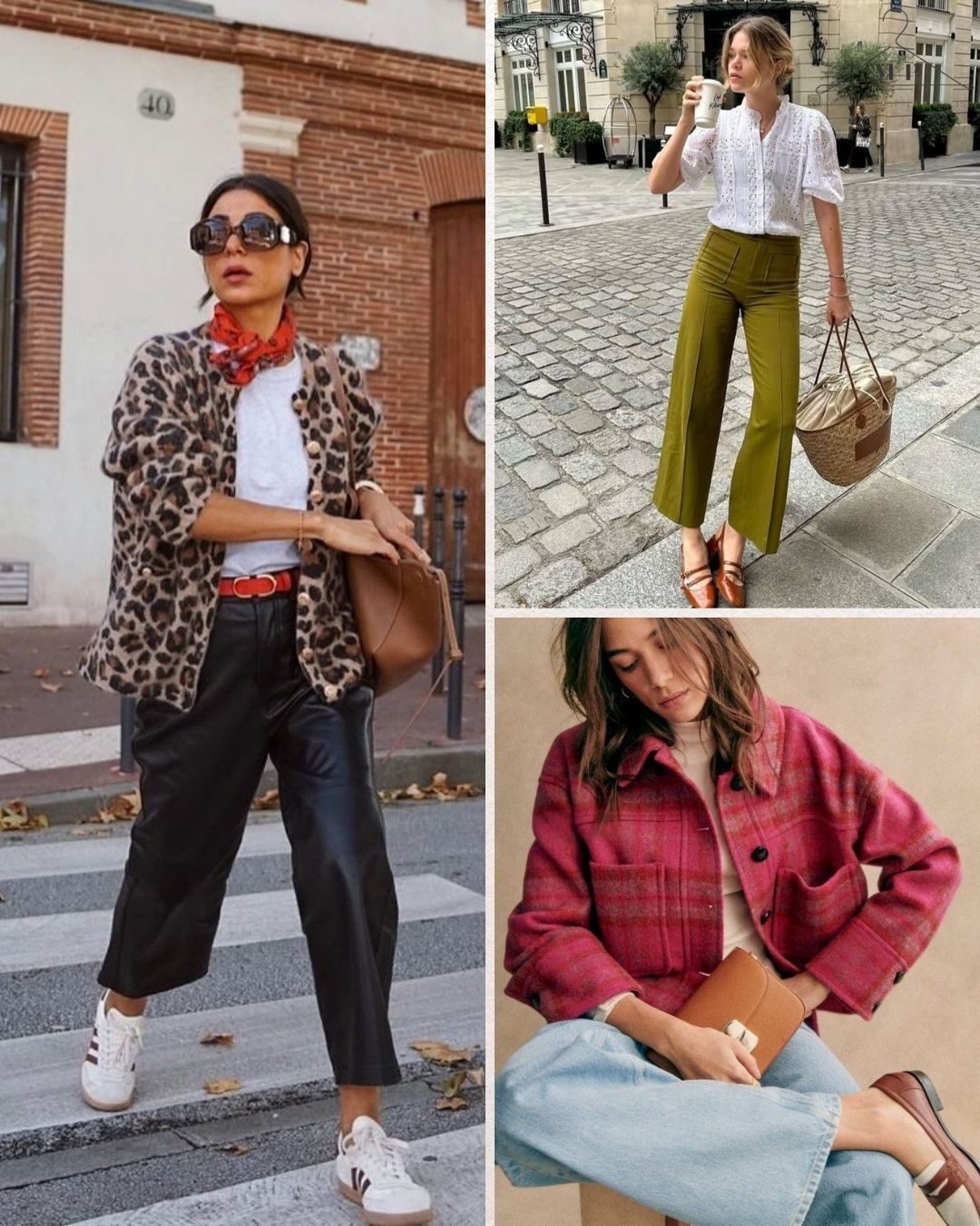 Three stylish women in different outfits: leopard print, green pants with a white blouse, and a pink plaid jacket with jeans. Urban setting.