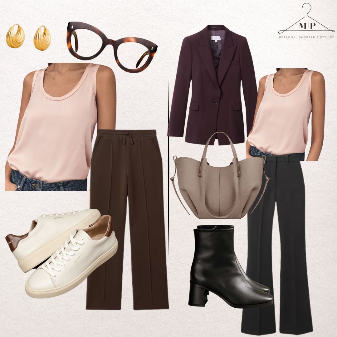Fashion collage with pink tops, brown and black pants, plum blazer, taupe handbag, black boots, white sneakers, tortoiseshell glasses, and gold earrings. Made by Maria Pastor Personal Shopper & Stylist.