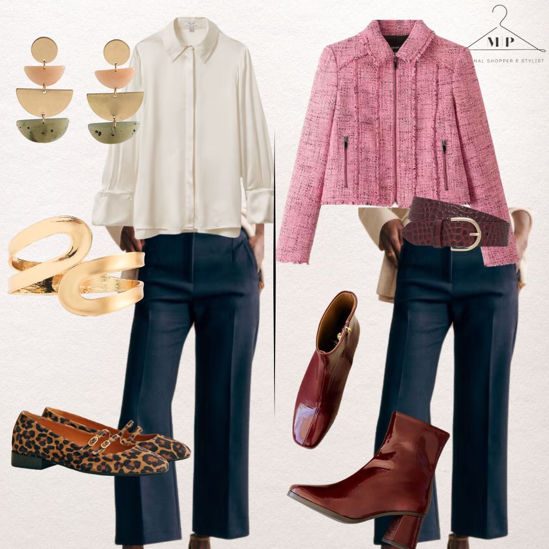 Fashion collage featuring a white blouse, navy pants, pink jacket, leopard loafers, burgundy boots, gold jewellery, and belt on a neutral background. Made by Maria Pastor Personal Shopper & Stylist.
