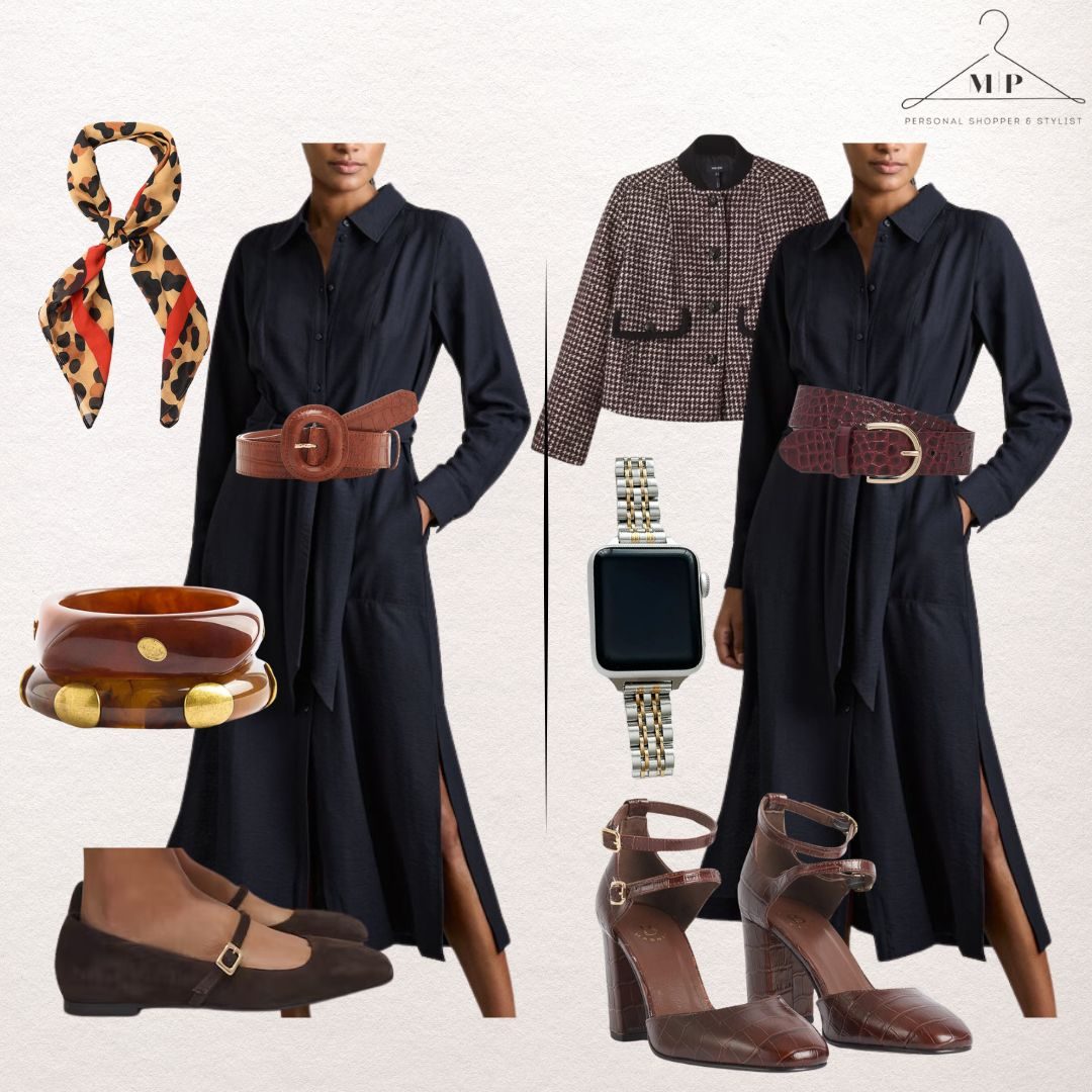 Fashion collage with a model in a black dress, two belts, leopard scarf, chequered jacket, brown shoes, smart watch, and brown bangles. Made by Maria Pastor Personal Shopper & Stylist.